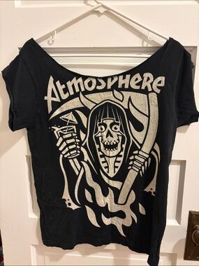Atmosphere Black Graphic Skull & Scythe Scoop-Neck Tee